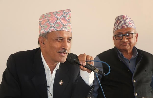 Newly appointed ambassadors to India and China, Deep Kumar Upadhyay (right) and Leela Mani Paudyal (left) respectively, attend an interaction program at Nepal Forum of Environmental Journalists in Bhanimandal on Sunday.
