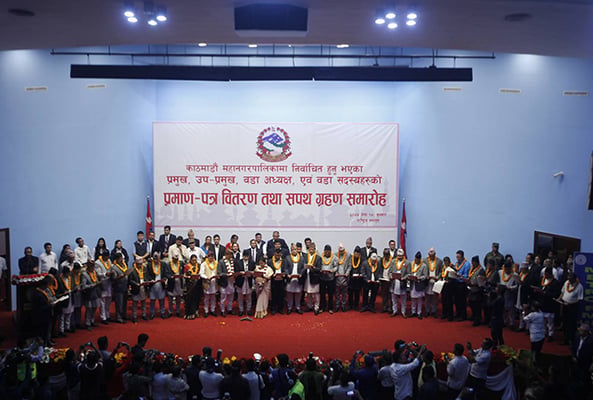 Newly elected local representatives of Kathmandu Metropolitan City during the swearing-in ceremony at City Hall, Kathmandu on Wednesday.