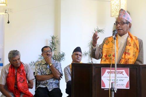 Poet Madhav Prasad Ghimire leaves the audience spellbound with his poetic speech at an event in Kathmandu on Sunday.
