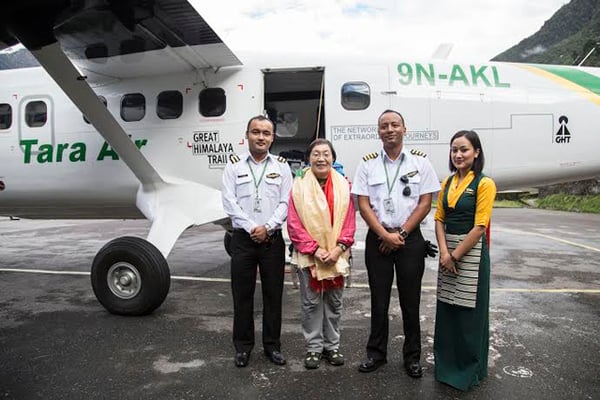 Japanese mountaineer Junko Tabei, who became the first woman to reach the summit of Mount Everest on May 16 1975, after the Kathmandu-Lukla Yeti Airlines flight at Lukla on Sunday.