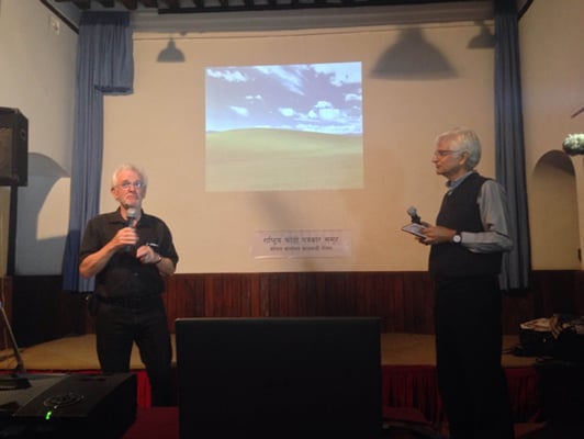 Photographer Charles O'Rear (left) with Nepali Times editor Kunda Dixit during a talk at Yala Maya Kendra on Friday.