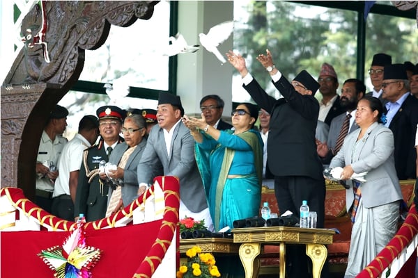Prime Minister Pushpa Kamal Dahal, flanked by President Bidya Bandari, Vice-President Nanda Kishore Pun, Chief Justice Sushila Karki and Speaker of the Parliament Onsari Gharti Magar release doves at the Army Pavilion on the occasion of Republic Day on Monday. - RSS