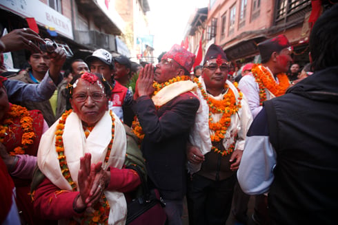 THANK YOU VERY MUCH: Leaders of Nepali Congress visit Bhaktapur after the party's victory in one of the district's two constituencies, on Monday.