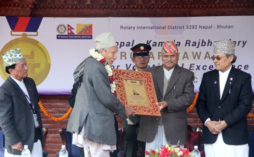 Scholar Satya Mohan Joshi being felicitated by President Ram Baran Yadav with Gopal-Kamala Rajbhandary Award in Kathmandu on Friday. The award carries a purse of Rs one million.
