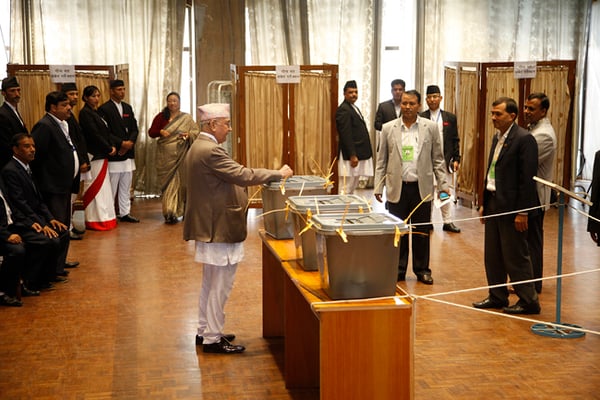 Prime Minister casts his vote during the presidential elections at the Legislative Parliament Secretariat in New Baneshwor on Wednesday.