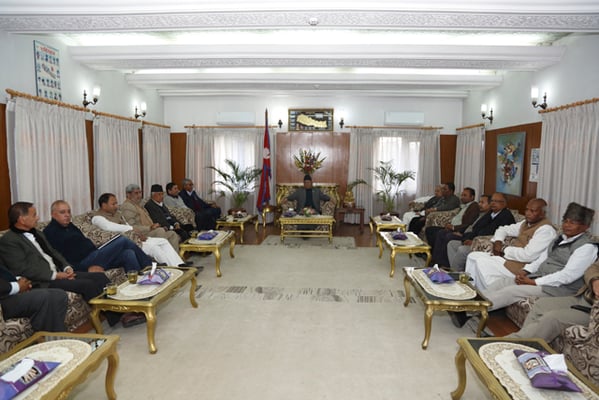 Leaders of Nepali Congress and Madhesi Morcha in a meeting with Prime Minister Pushpa Kamal Dahal at Baluwatar on Wednesday.