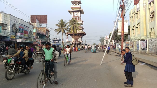 The main road at Adarshnagar is busy with cyclists and pedestrians near the Birganj-Raxaul border on Friday.