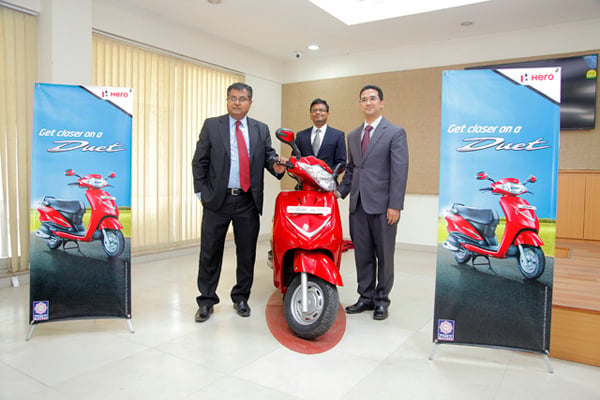 Chairman Abheek Jyoti of Nepal General Marketing (R), the authorised distributor of Hero two-wheelers in Nepal, launches Hero Duet scooter in Kathmandu on Wednesday.