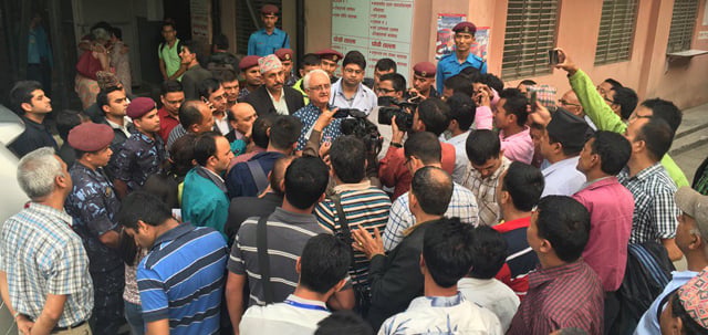 Himalmedia co-publisher Kanak Mani Dixit talks to the media after being released by the Supreme Court on Monday.