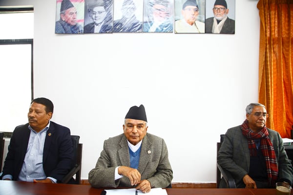 (L-R) Nepali Congress leaders Prakash Man Singh, Ram Chandra Poudel and Sher Bahadur Deuba at the Nepali Congress central meeting at Balkhu on Thursday.