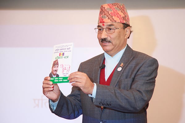 Kamal Thapa of Rastriya Prajatantra Party (RPP) during the launching ceremony of the party's election manifesto at Hotel Himalaya on Tuesday.