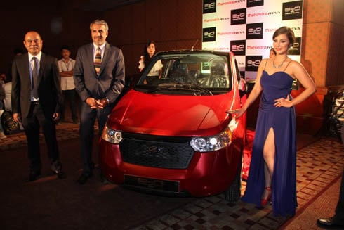 NEW RIDE: Actress Nisha Adhikari at the launch of Mahindra Reva e20 in Boudha on Wednesday.