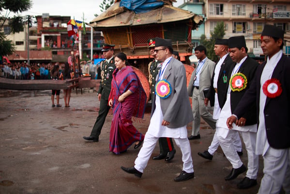 Nepal's first woman president Bidya Devi Bhandari attends Bhoto Jatra, the showing of the vest and the end of the two-month long Rato Machindranath festival, in Jawalakhel, Lalitpur on Friday.