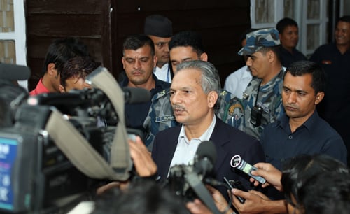 Baburam Bhattarai speaking to the media after a meeting between Nepali Congress, UML and UCPN(M) to end the current political deadlock held at Singha Durbar on Sunday.