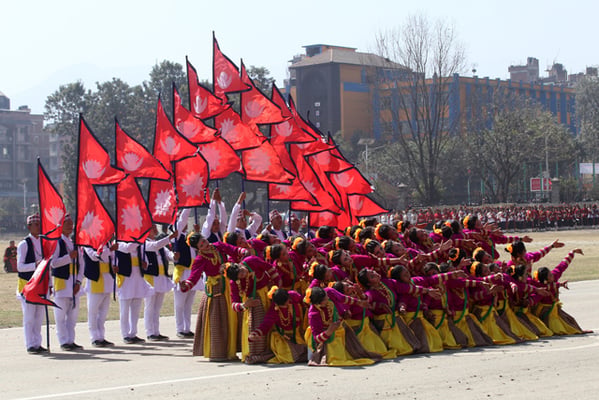 Nepal Army artistes perform a cultural dance in Khula Manch, Kathmandu on Nepal Army Day on Friday.