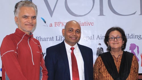 (r-l)Director of the Jaipur Film Festival Namita Gokhale with Abhay Kumar from the Indian Embassy and author Narayan Wagle after a talk at the Nepal-Bharat Kendra on Monday.