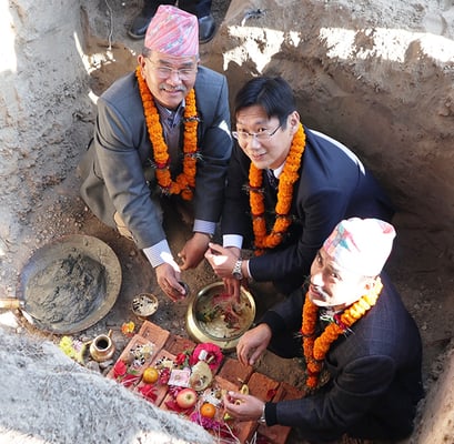 Mayor of Lalitpur Chiribabu Maharjan and Chief Representative of JICA Nepal Jun Sakuma laying the foundation stone on Friday for the Guita Domar Disaster Management Park in Lalitpur.