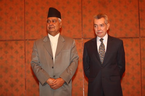 Vice President Parmanand Jha (left) with Brazilian Ambassador Marcos Borges Duprat Ribeiro during the Brazilian National Day at the Hyatt Regency on Monday.