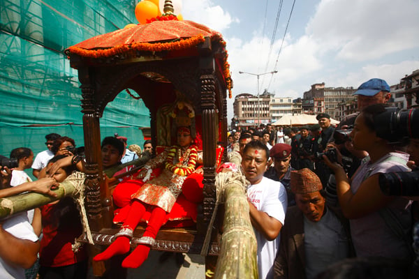 Devotees carry the Ganesh in a palanquin through Basantapur Darbar Square on the occasion of Indra Jatra on Sunday.