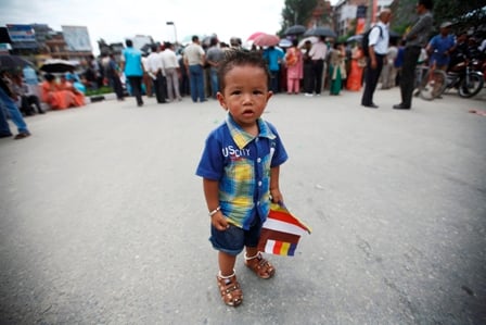 LOST: A young boy at a protest in Maitighar organised by Buddhists on Tuesday demanding the installation of a Buddha idol in Surkhet’s Kakre Bihar.