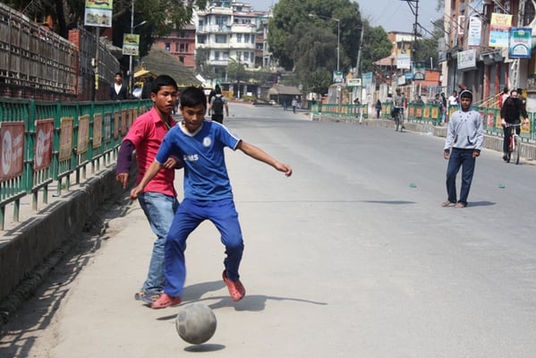 GOAL: Young boys play football in Pulchowk in an empty road during the nationwide strike called by CPN-Maoist led front on Wednesday.
