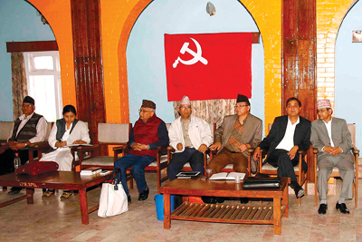 DÉJÀ VU: Leaders of CPN-UML during a politburo meeting at the party headquarters in Balkhu on Tuesday.