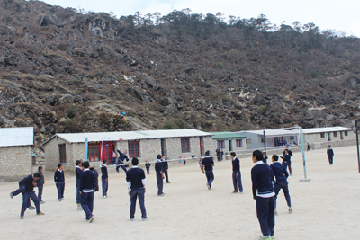 ACING IT: Students from Khumjung Secondary School in Solukhumbu enjoy a game of volleyball during their lunch break on Monday.