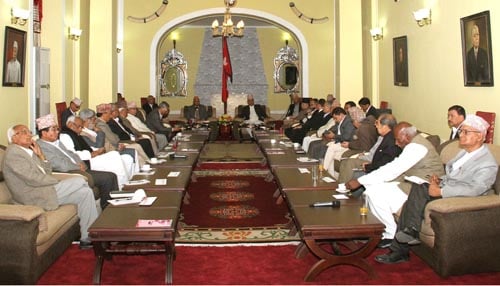President Ram Baran Yadav with the top leaders of political parties during a meeting at Shital Niwas on Sunday.
