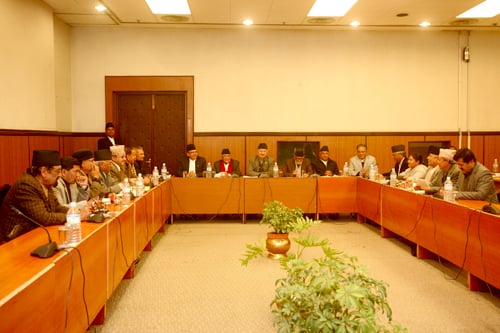 Leaders from the four major political parties Nepali Congress, CPN-UML, UCPN (Maoist) and Madhes based parties holding a meeting in Baneshwor on Sunday.
