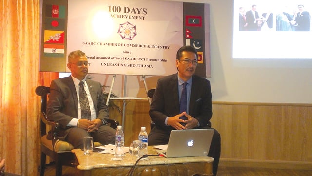 President of SAARC Chamber of Commerce and Industry Suraj Vaidya addressing an audience on Thursday on developments and progress made in the 100 days since he assumed office.