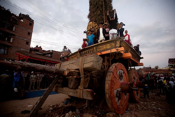 The Bhoto is put on display from the chariot of Rato Machhindranath at Bungamati on Sunday.