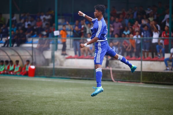 Nepali team's Birjesh Chaudhary celebrates after scoring his first goal against Maldives during the SAFF U-15 Championship 2017 held in ANFA complex, Kathmandu on Monday.