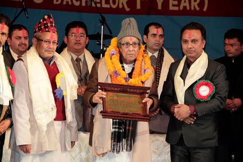 POETIC HONOUR: Poet Madhav Prasad Ghimire was felicitated by Saint Lawrence College at Chahabil on Tuesday.