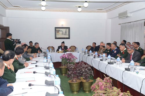 Home Minister Bam Dev Gautam gives the opening speech during the de-briefing session of the 18th SAARC Summit on Sunday.