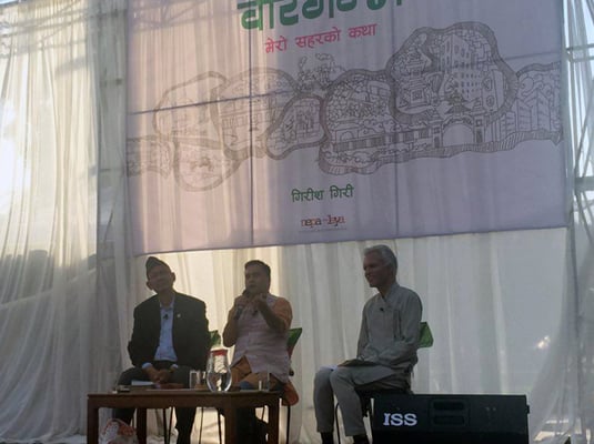 Girish Giri, author of the book 'Birganj: The Story of My City' that was launched in Kathmandu on Friday, converses with politician Surendra Chaudhary in a session moderated by journalist Narayan Wagle.