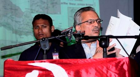 NAYA NEPAL: After the UCPN (M) made its election manifesto public on Saturday morning at Academy Hall, senior leader Baburam Bhattarai shows the map of proposed federal states.