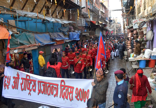A rally taken out in Kathmandu on Thursday to celebrate the 65th Democracy Day.