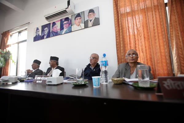 (From left-right) Nepali Congress Vice President Ram Chandra Paudel, President Sher Bahadur Deuba, General Secretary Shashank Koirala and Treasurer Sita Devi Yadav during the Central Working Committee meeting in Sanepa on Thursday.