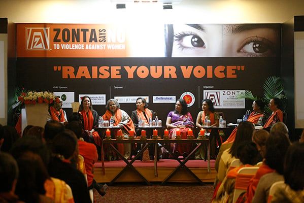 Chandni Joshi, Chair of Women Think Tank at the Ministry of Women, Children and Social Welfare speaks during 'Raise Your Voice' talk program organised by Zonta Club in Kathmandu on Sunday to mark the 16 days of Activism Against Gender-Based Violence campaign.