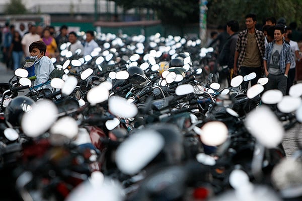 Motorbikes are parked outside in a queue near a petrol station in Lagankhel on Sunday. Vehicles have had to queue for days just to receive a few litres of fuel during this ongoing crisis.