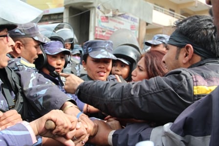 UGLY CONFRONTATION: Protesters of Occupy Baluwatar clash with the police near Prime Minster's residence in Baluwatar on Saturday.