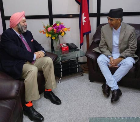 India's ambassador to Nepal Manjeev Singh Puri calls on Prime Minister Sher Bahadur Deuba at Singha Darbar on Friday -- a day after the government postponed local elections in Province 2.