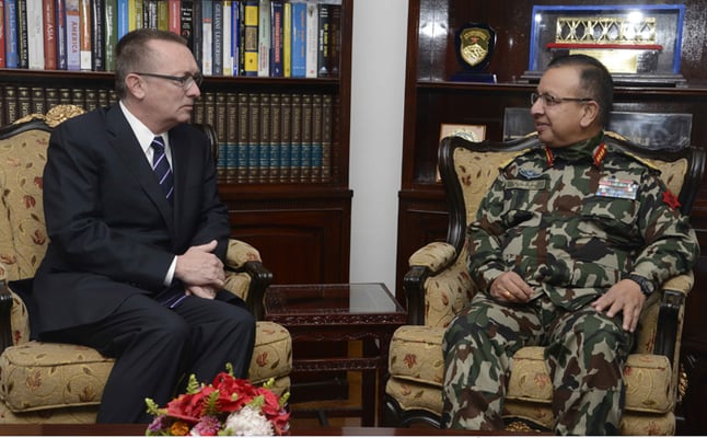 UN Under Secretary General Jeffrey Feltman meets Nepal Army Chief Rajendra Chhetri in Kathmandu on Friday. During the meting, Feltman praised Nepal Army's role in UN peace keeping missions as well as rescue and relief works after the April earthquake.