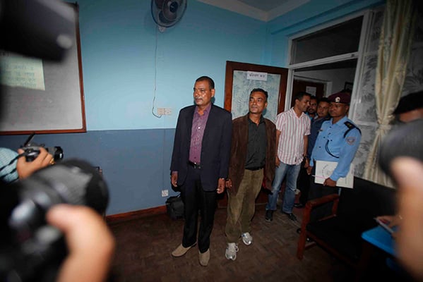 Operators of Unity Life International scam Bishnu Chettri and Krishna Chettri are made public by the police during a press conference at Ranipokhari on Friday.