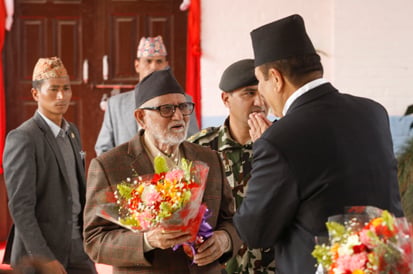 CIAA chief Lokman Singh Karki welcomes Prime Minister Sushil Koirala during a program to mark the 24th anniversary of CIAA in Kathmandu on Wednesday