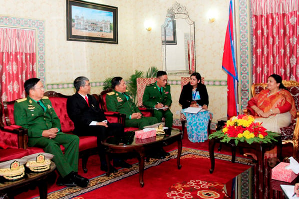 Commander-in-chief of the Myanmar Armed Forces General Min Aung Hlaing pays a courtesy call to President Bidya Devi Bhandari at Shital Niwas on Monday.