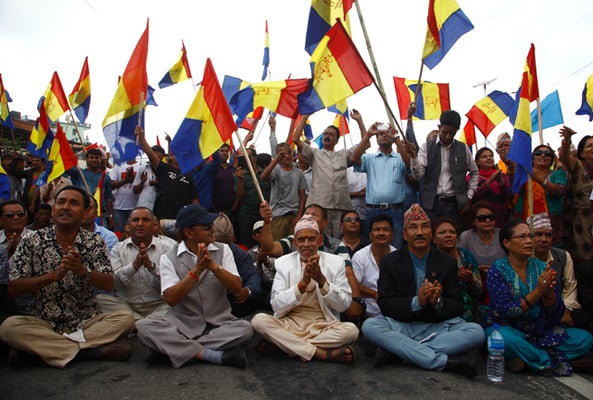 Chairman of Rastriya Prajatantra Party Kamal Thapa during a protest demanding a Hindu state at Baneswor on Sunday.