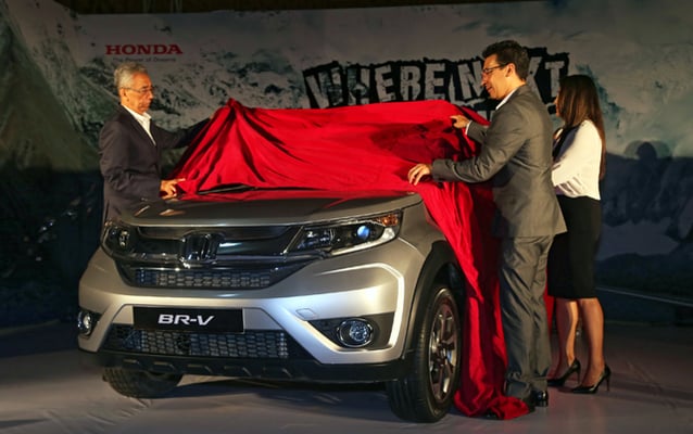 Syakar Trading's Saurabh Jyoti unveils the new Honda BR-V in Kathmandu on Tuesday.