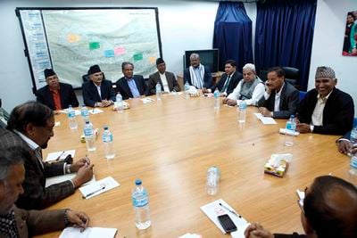 CRUNCH TIME: Three major parties along with leaders from the Madeshi Morcha meet at Baneswor on Tuesday evening to decide on the head of the future electoral government.