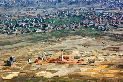 BRICK BY BRICK: An aerial view of Bhaktapur with the familiar sight of a brick kiln in the centre surrounded by a cluster of houses.